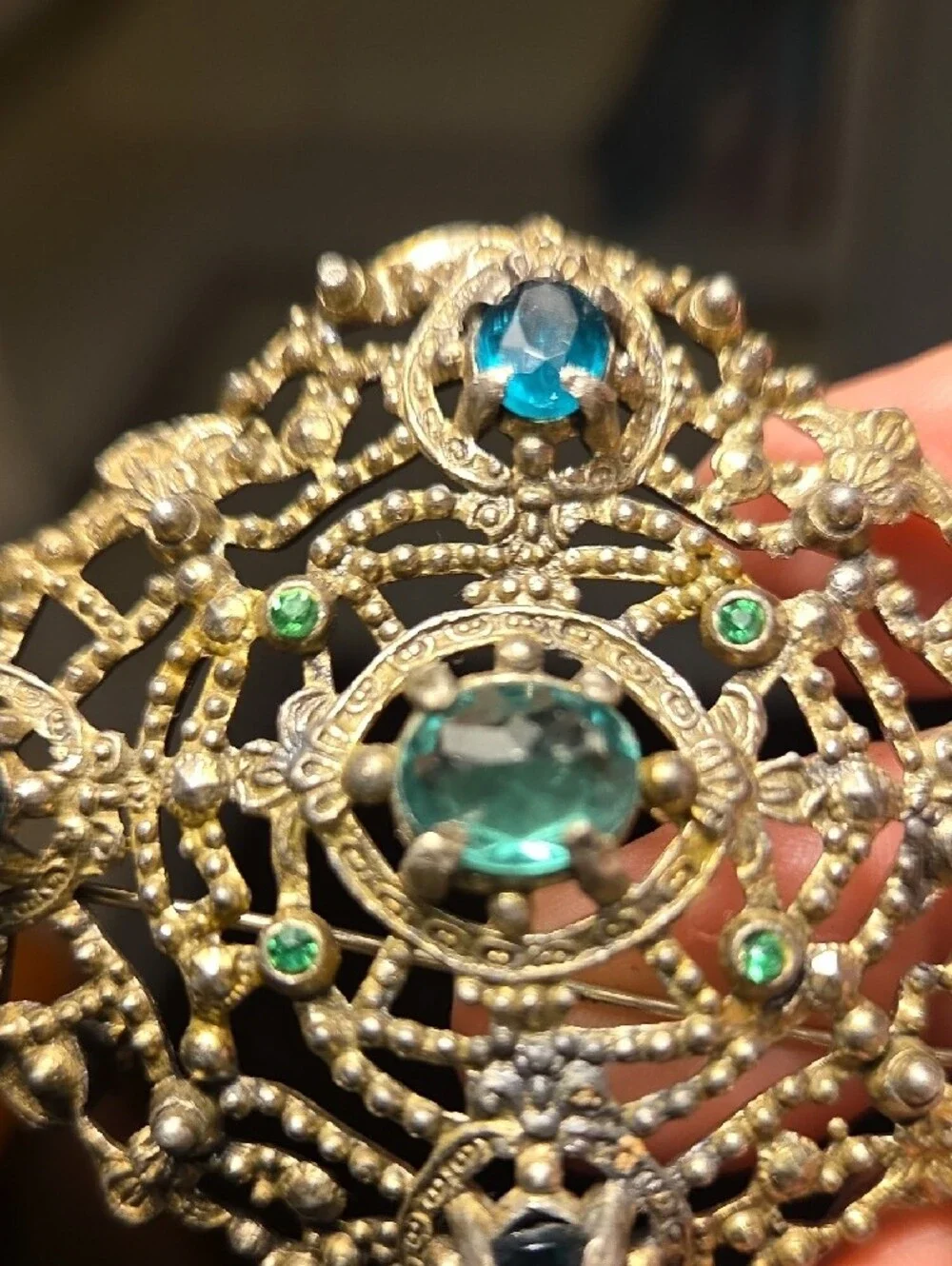 Vintage Czech Brass Filigree Brooch with Teal and Green Stones - Picture 6 of 8